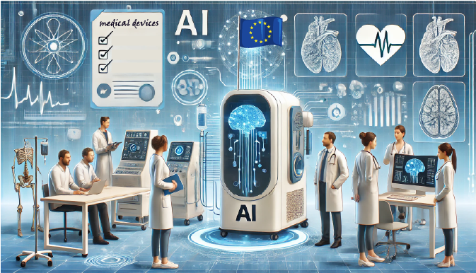 A modern illustration depicting AI in the medical field, showing a combination of AI technology and medical devices.