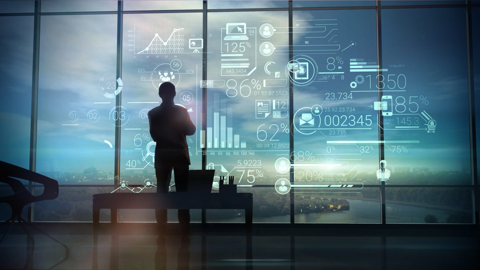 Man looking into infographics on growth through Fintech localization