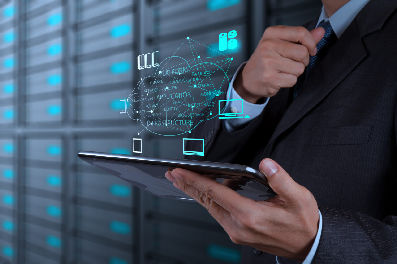Tablet with elements flying over it showcasig different elements of translation management